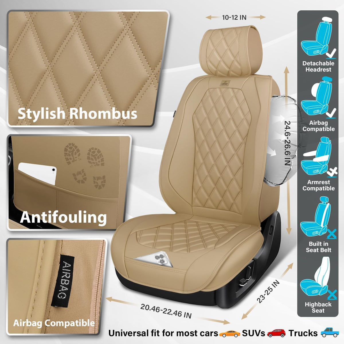 CAR PASS Luxury Nappa Leather Seat Covers Full Set, 3D Rhombus Waterproof Faux Leather Seat Covers, Universal Automotive Seat Cushion Fit for Most Sedan SUV Truck Van, Airbag Compatible Beige