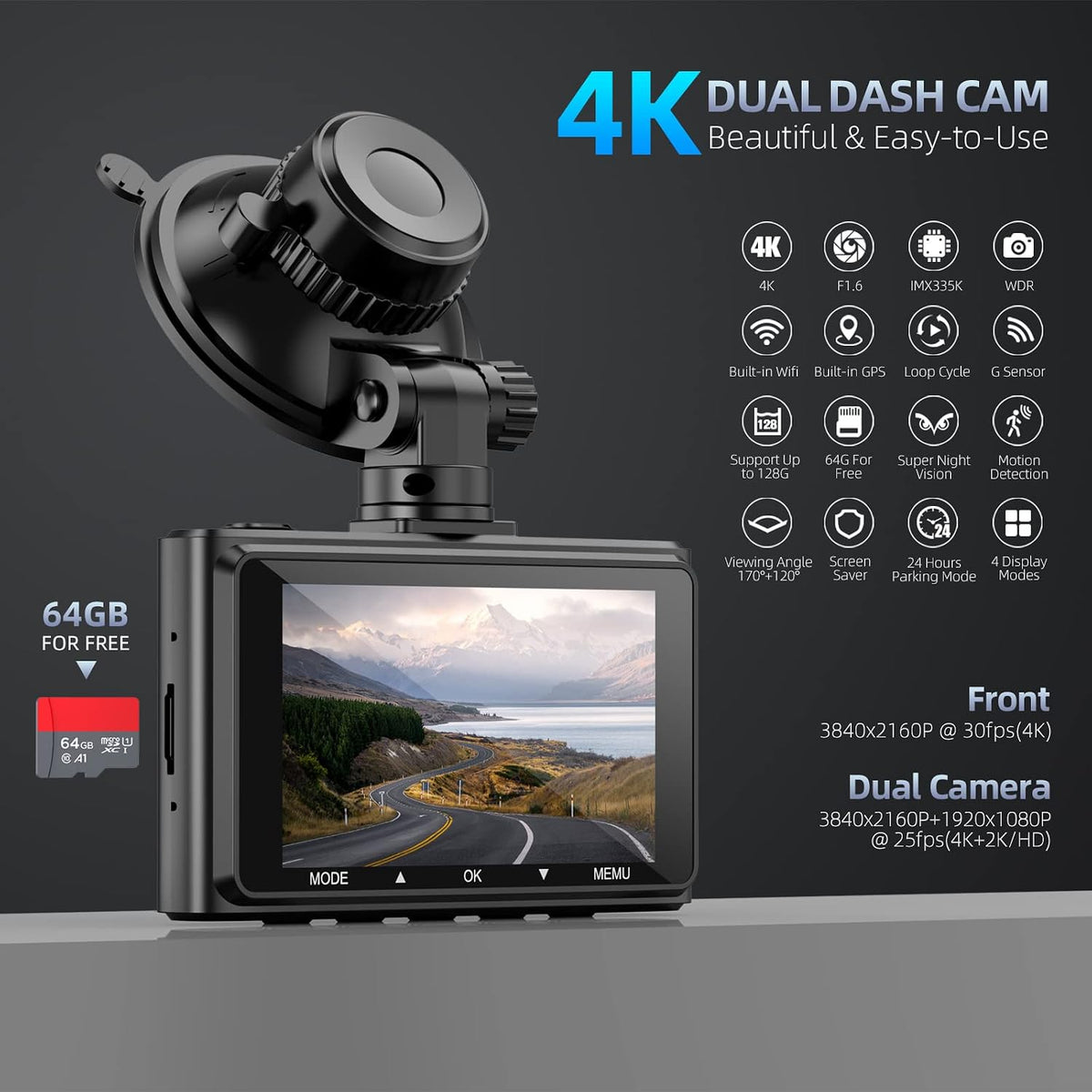 GUGTTR 4K Dash Cam Front Rear, Dash Camera for Cars with Wi-Fi GPS, 4K+1080P Dashcam with APP, 3.16” IPS Screen, Night Vision, 170°Wide Angle, Loop Recording, G-Sensor, Parking Monitor,Free 64GB Card