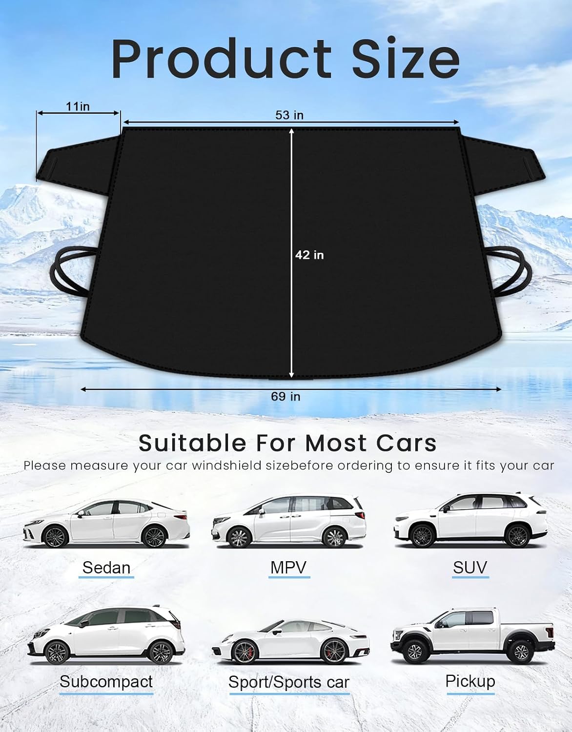 Windshield Cover for Ice & Snow, Heavy-Duty 600D Oxford Fabric, Universal Fit for Cars, SUVs, Trucks, Vans, RVs, Waterproof Frost Wind Resistant Winter Windshield Protector (69" 42")