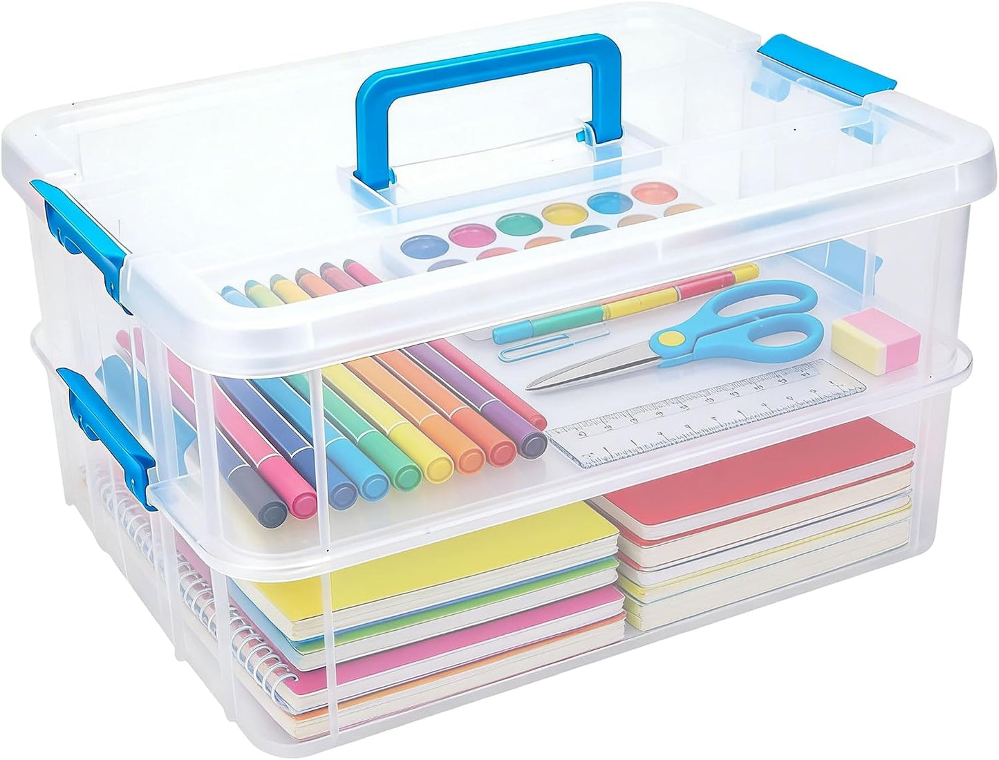 2 Tier 13" Blue Plastic Storage Box Lid Handle Craft Office Car Organizer | Stackable Multipurpose Container Box Organizer With Latching For Office, Art Craft,Sewing, Books And Car Trunk Storage,Blue