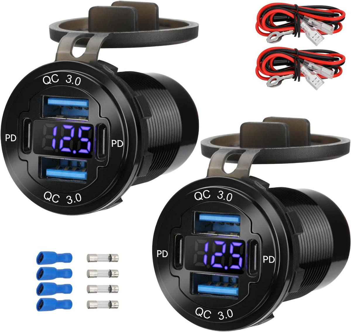 2 Pack 12V USB Outlet 4-Port, 78W Dual PD30W & QC3.0 Fast Charger