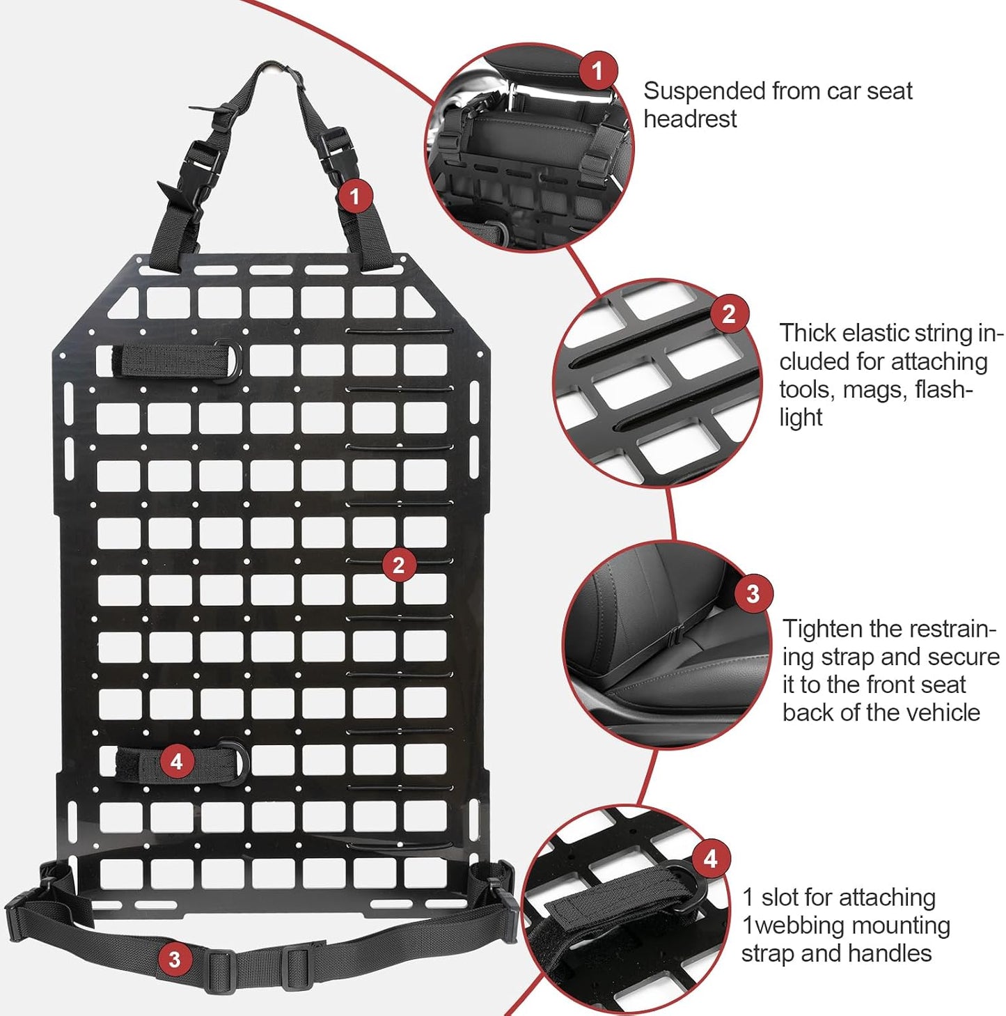 Rigid Molle Panels for Vehicles + Molle Headrest Panel Universal Tactical Molle Seat Back Panel Organizer Modular Storage & Display for Tactical Gears Accessories