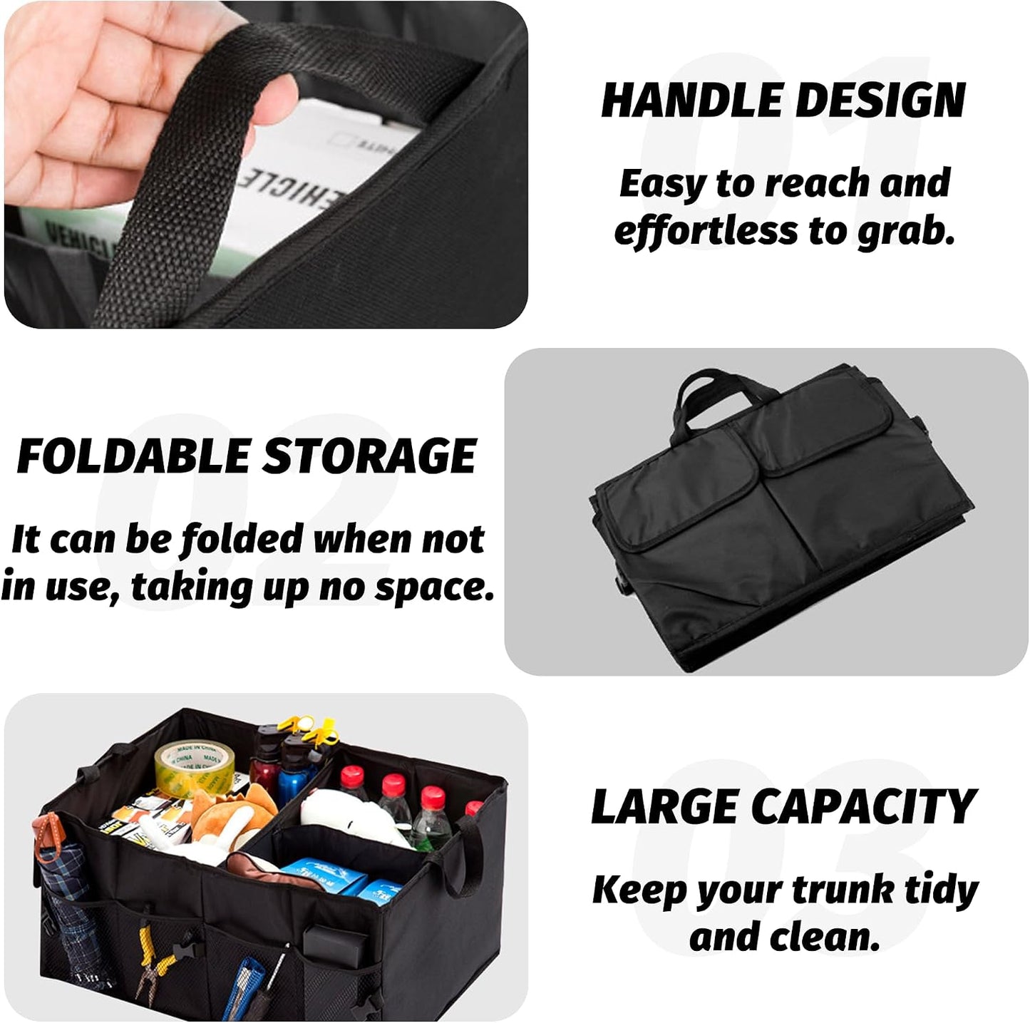 Car Trunk Organizer, Waterproof Adjustable Vehicle Storage Box, Automotive Collapsible Multi Compartment Organization Container Accessories, Universal for SUV, Sedan, Truck (Black)