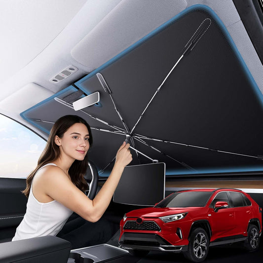 Zanch 2026 Upgraded Car Windshield Sun Shade [Cool Down by 75℉ ] with Heat Insulation Coating, Foldable Sunshade Umbrella Flexible Handle & Ribs, Medium (57''x32'') for Car, SUV, Truck, Van