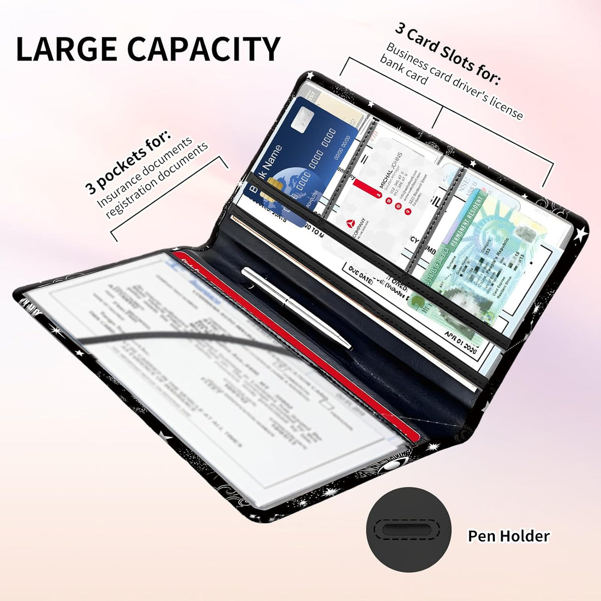 Premium Car Registration and Insurance Card Holder, Cute PU Leather Car Document Holder, Vehicle Glove Box Car Organizer with Magnetic Closure for Driver License, Cards Black Celestial Sky