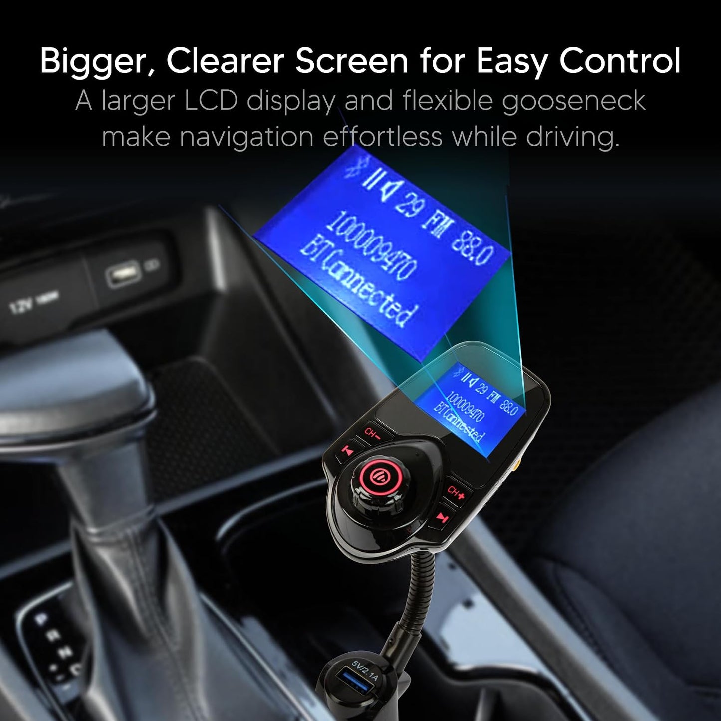 ONN FM Transmitter for Car - Bluetooth Car Adapter, Dual USB Fast Charging, Stable Bluetooth 5.0, 1.44" LCD Display, Hands-Free Calling, Flexible Gooseneck, AUX & MicroSD, 12V-24V, Black