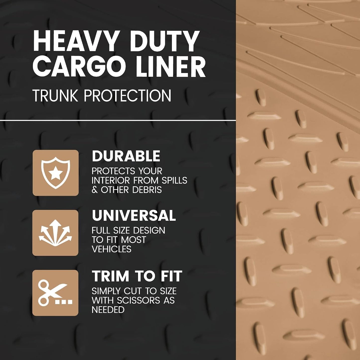 BDK Heavy Duty Rubber Cargo Mat Liner - All-Weather Trunk Protection, Trim-to-Fit Design for Cars, SUVs, Vans &amp; Trucks - Non-Slip, Waterproof, Durable Cargo Floor Liner - 46" x 56.75" x 0.25" - Beige