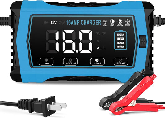 16A Battery Charger, 6V/12V/24V, Battery Maintainer Trickle Charger for Car