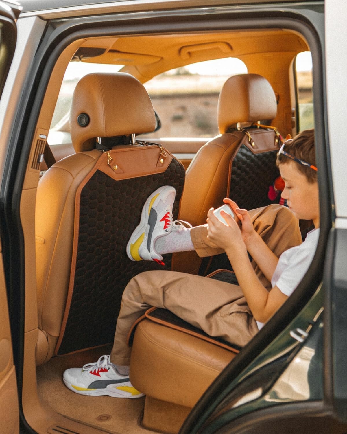 Owleys Kick Mat Back Seat Protector - Car Back Seat Cover for Kids Feet - Waterproof & Sturdy Protector for Upholstery from Dirt, Mud, Scratches and Stain (Hexy)