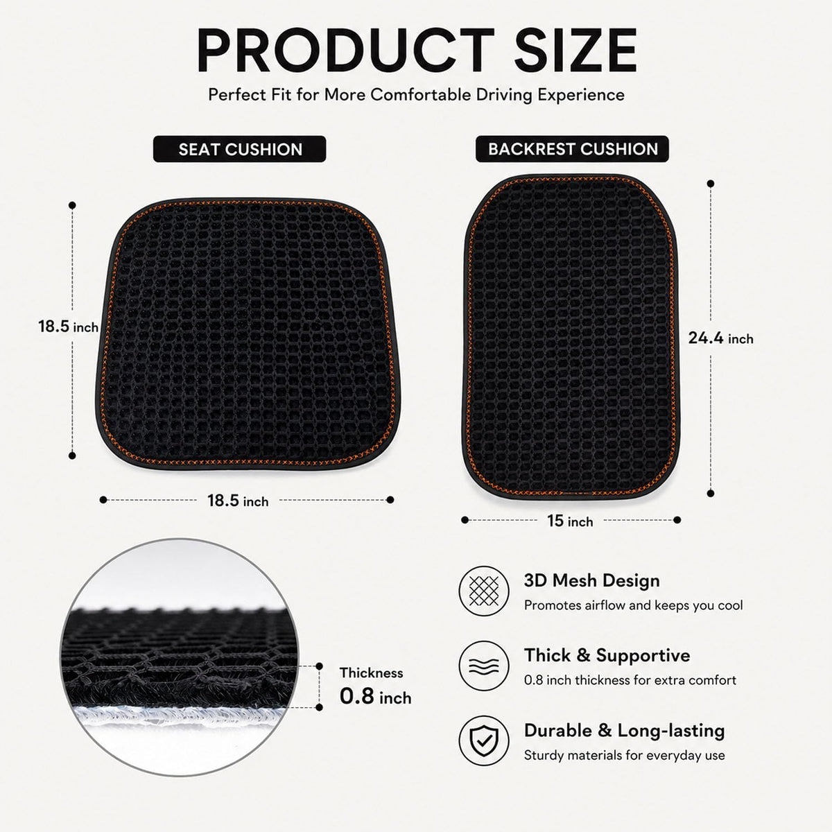 Cooling&Breathable 3D Air Mesh Car Seat Cushion for Summer, Universal Ventilated Comfortable Seat Pad, Suitable for Sedans,Vans,Pickup,Trucks,Suvs (Black-1PcsBackCushion+1PcsSeatPad)