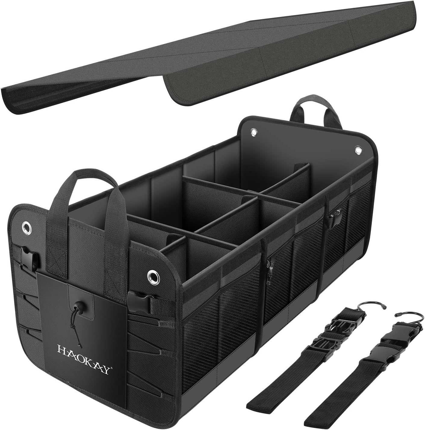HAOKAY Car Trunk Organizer with Lid，Heavy Duty Extra Large Premium Black Oxford Multi Compartments Collapsible trunk organizer for SUV, Van, Truck, Sedan, Jeep （90L