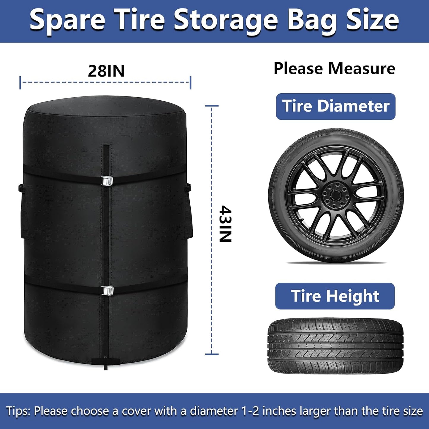 Tire Cover, Heavy Duty Waterproof Spare Tire Storage Bag - 28 Inch Diameter Tires Covers for Trucks, SUVs, RVs, Campers, Trailers (Black)