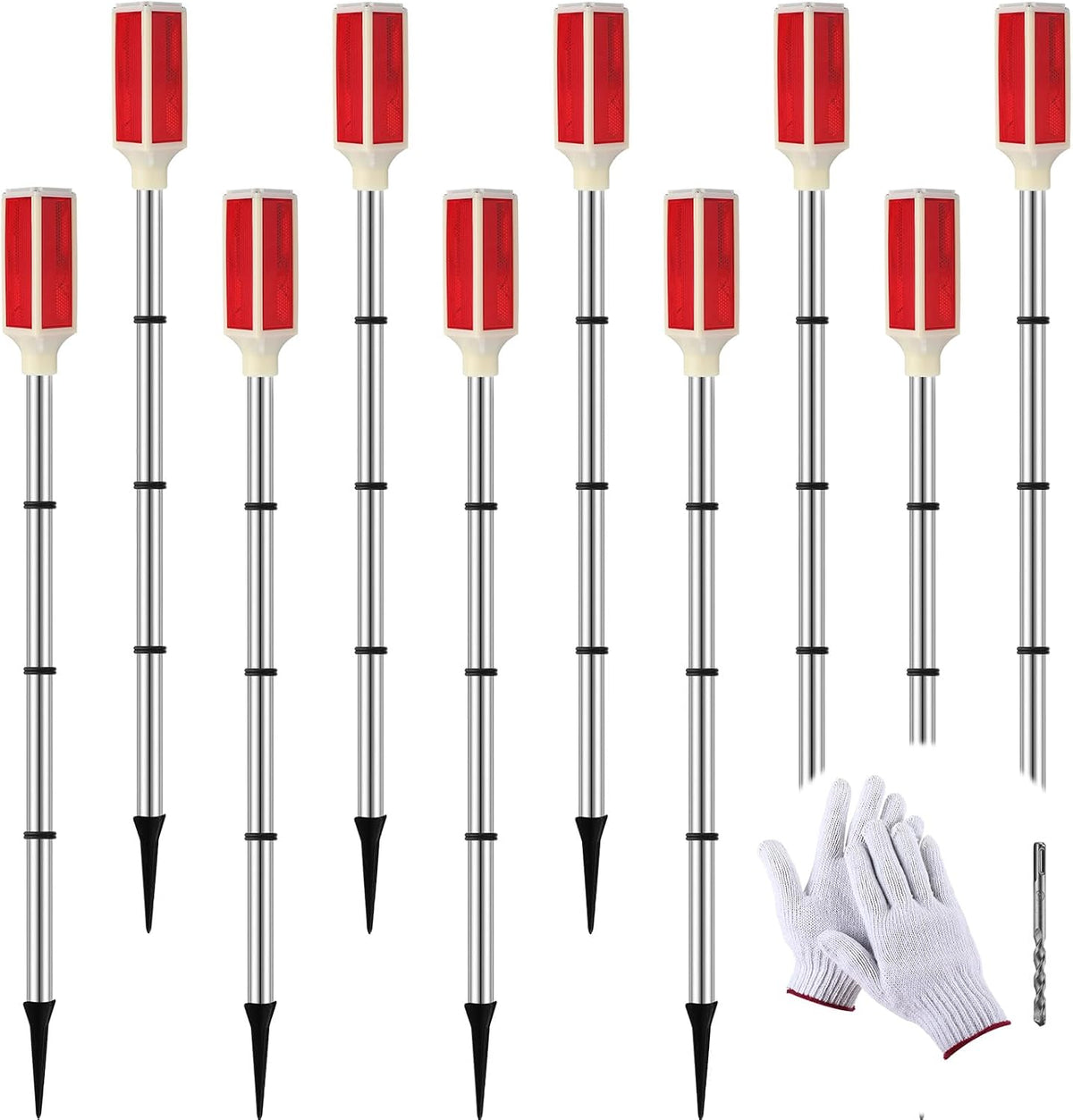 Baquler 10 Pcs Solar Powered Driveway Markers Reflective Driveway Lights Landscape Reflectors with Drill Bit Gloves for Snow Road Outdoor Yard Parking Sidewalk(Red)