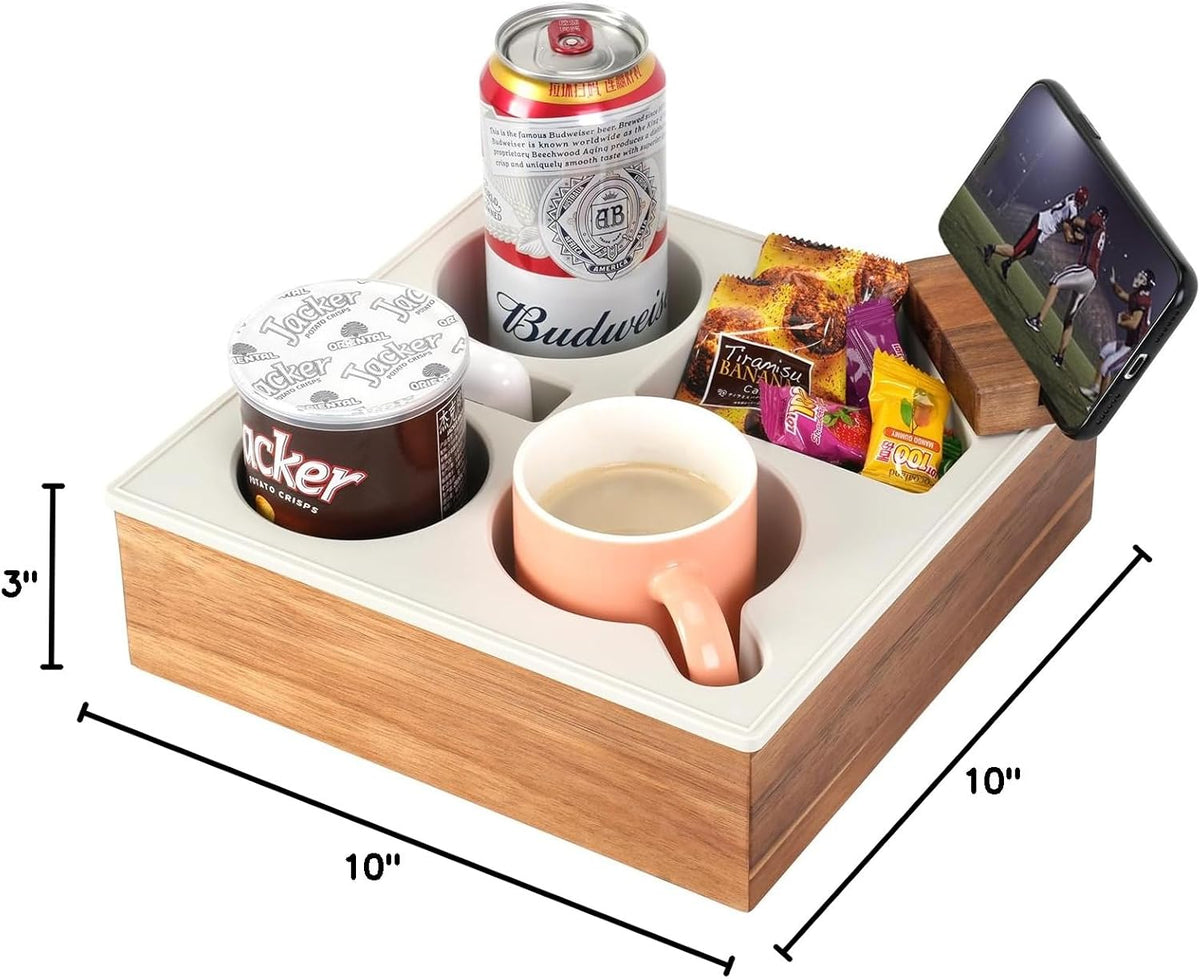 Couch Cup Holder Tray, Handy Soft Silicone Acacia Wooden Couch Caddy for Bed Car Seat Beach Organizer, Waterproof Anti-Spill Sofa Cup Holder for Snacks Beverage Remote (White)