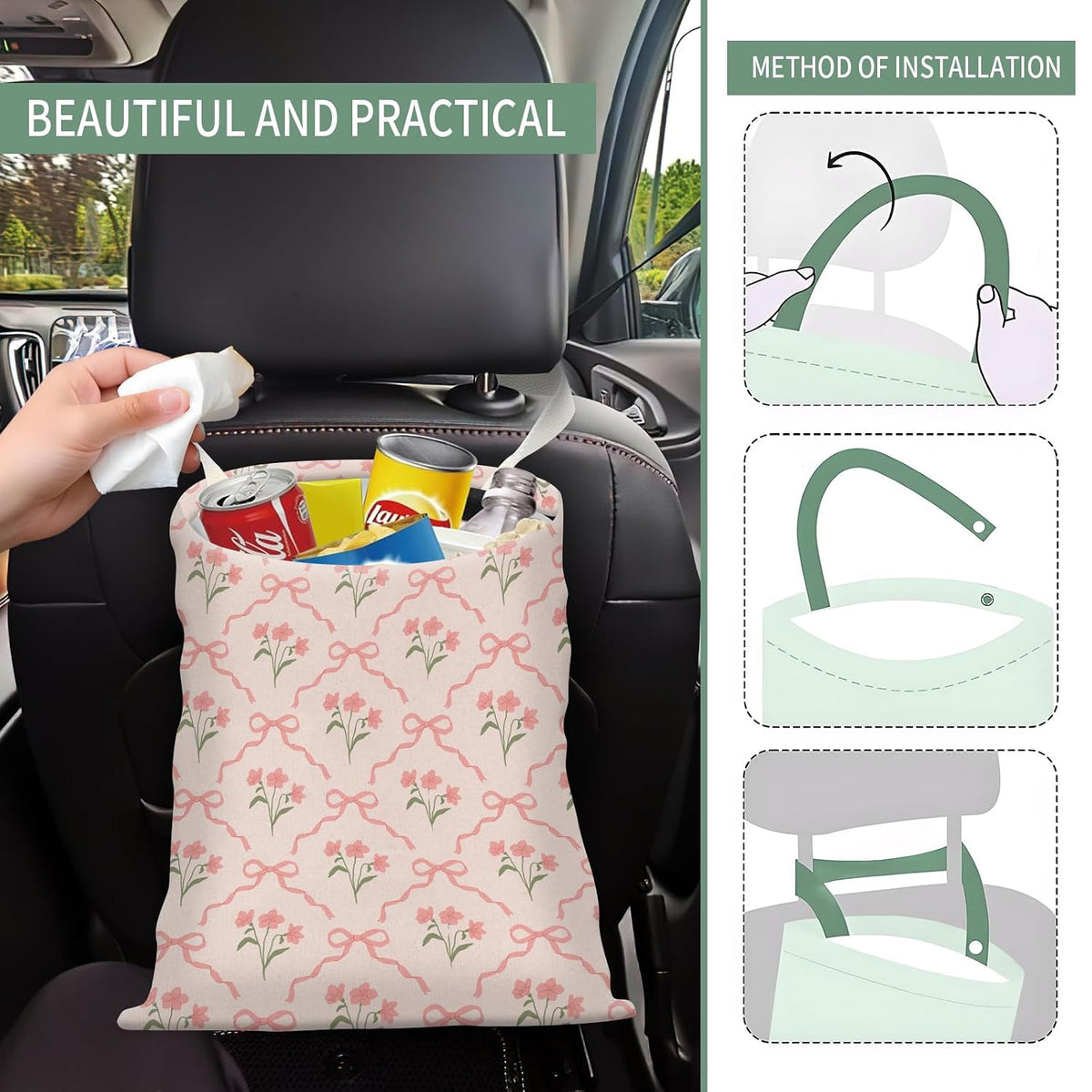 Cute Car Trash Can, Hanging Canvas Car Back Seat Organizer and Storage Bag, Funny Car Trash Bag for Travelling, Outdoor Cute Pink Flower