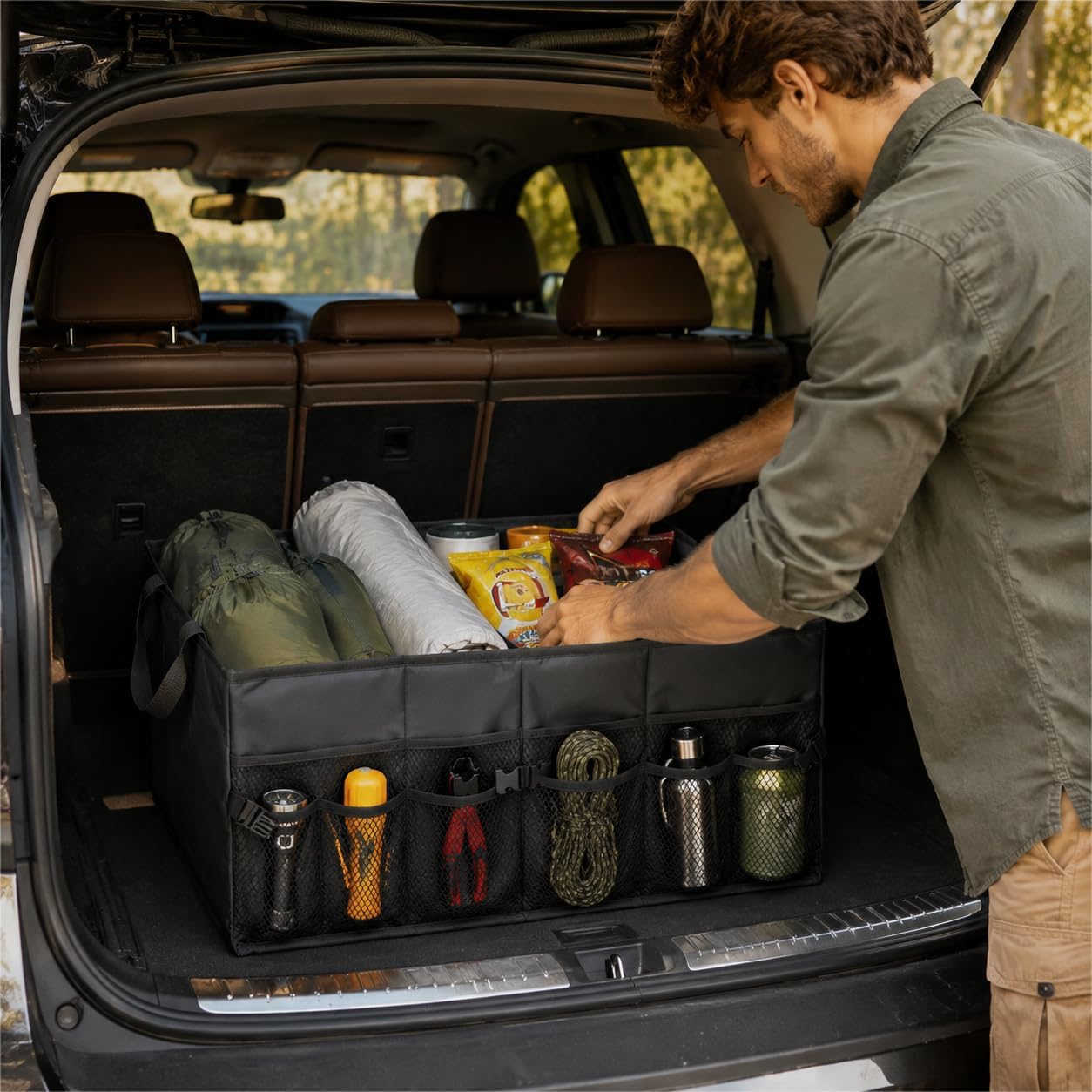 Collapsible Car Trunk Organizer with Leak-Proof Base, Adjustable Sections | Folds flat. Waterproof Oxford fabric, leak-proof base. Fits sedans, SUVs, trucks. Organizador maletero plegable