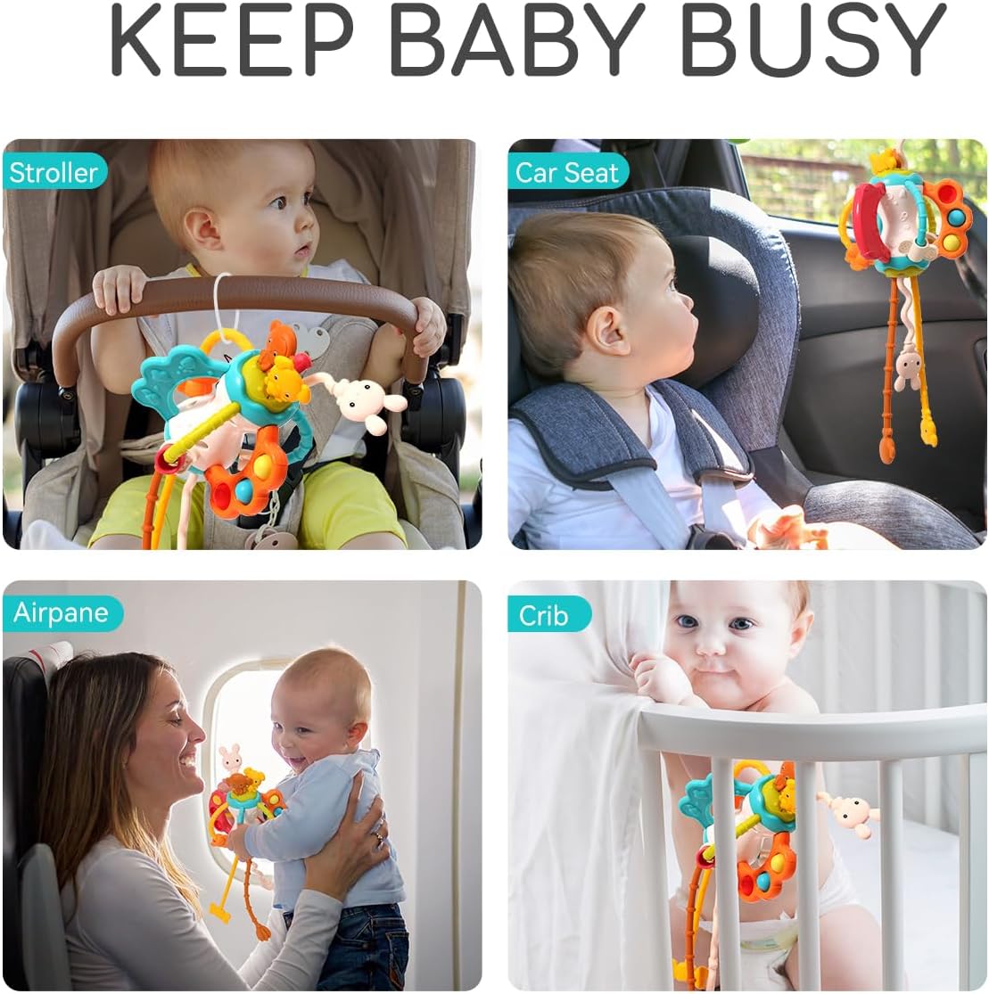 Toddlers Airplane Travel Toys Montessori Toys for Babies 6-12-18 Months Boy Girl Sensory Baby Infant Car Seat Toys Essentials Silicone Pull String Newborn 1 2 3 Year Old