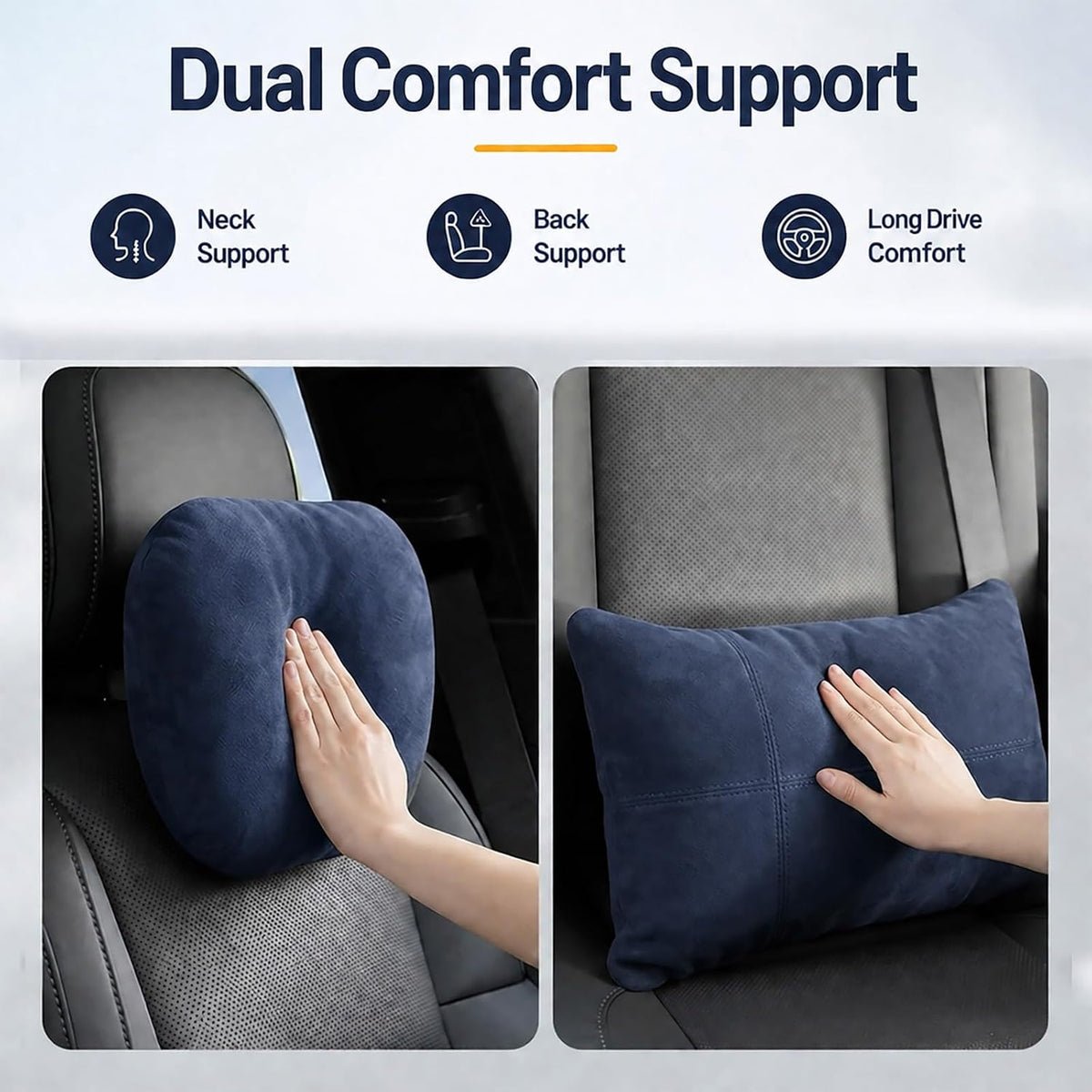 2 PCS Car Pillow for Driving Seat Soft Suede Headrest Neck & Lumbar Support