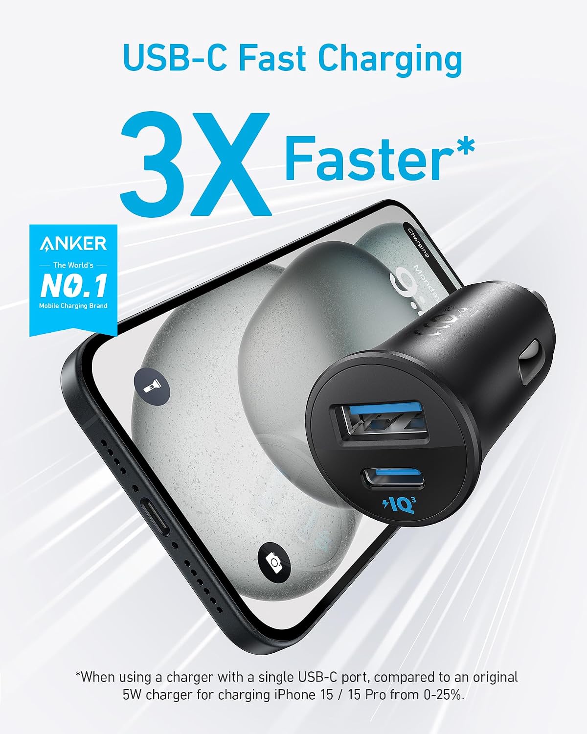 Anker 30W 2-Port PowerIQ 3.0 USB C iPhone Car Charger, Type-C Car Adapter