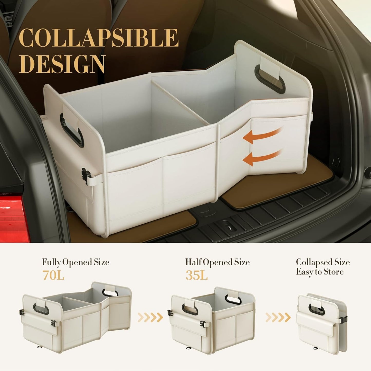 titiyiof Trunk Organizer For Suv & Sedan,Car Organizers and Storage, Waterproof Collapsible & Adjustable Straps,Sturdy Car Organization for Car Accessories, Tools,Food，Sundries,2-3 Compartment（Beige）