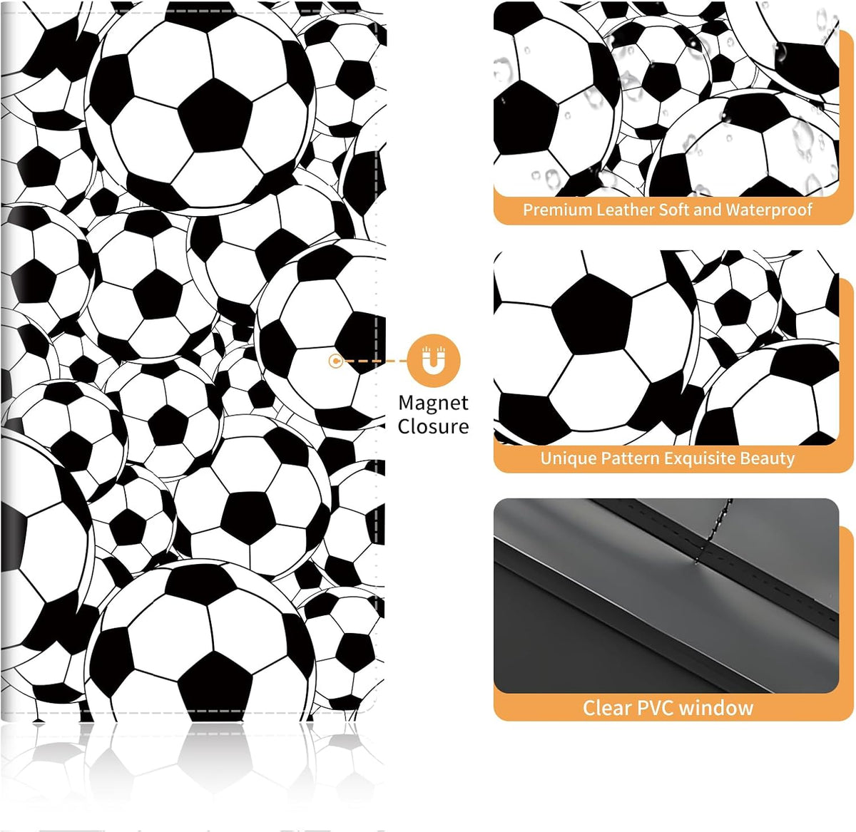 Premium Leather Car Registration and Insurance Card Holder with Magnetic Shut, Cute Vehicle License Document Glove Box Compartment Organizer Cool Car Accessories Black White Soccer Ball
