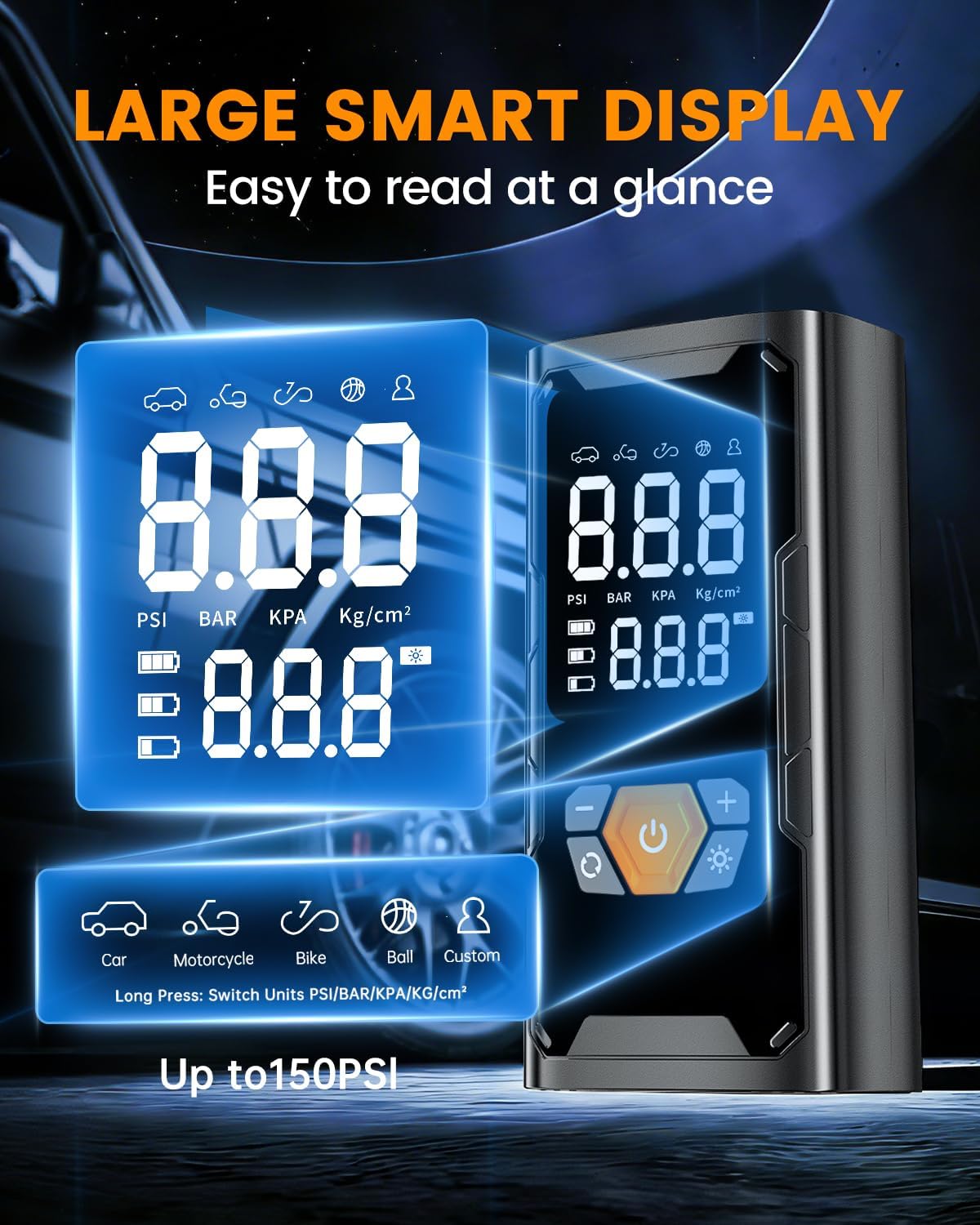 6000A Car Battery Jump Starter with Air Compressor 150PSI, Car Jumper Starter Portable (9L Gas/7L Diesel), Car Jumper with Auto-Shutoff Tire Inflator, Jumper Cables and Light