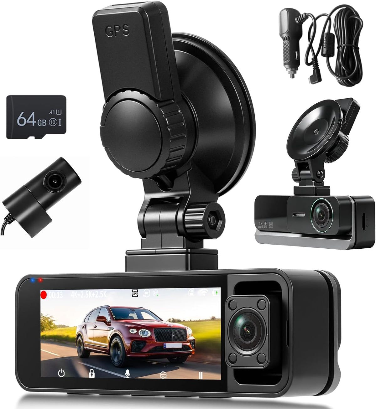 Hodozzy 3 Channel Dash Cam Front and Rear Inside, WiFi GPS, 4K Dash Camera