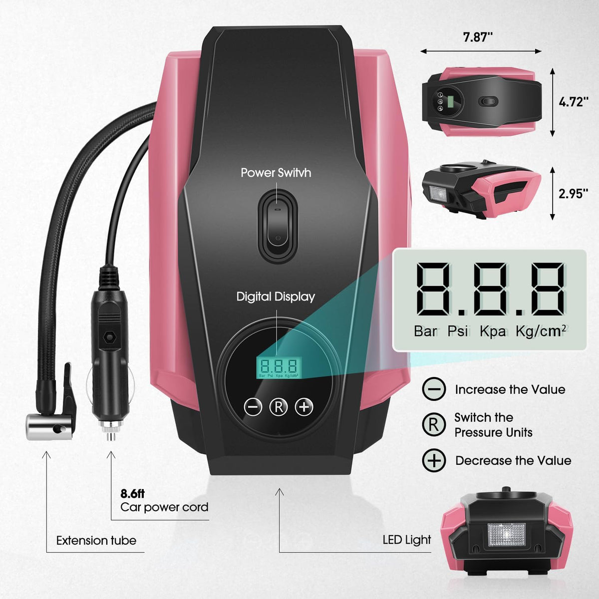 DNA MOTORING Tire Inflator Portable Air Compressor, 12V DC Air Pump for Car Tires, Bike, Motorcycle, Ball, Electric Bike Tire Pump with Pressure Gauge, LED Light, Auto Shut Off, Pink, TOOLS-00679-PK