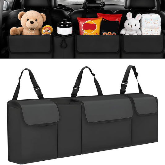 Car Trunk Organizer – Backseat Hanging Large Storage Bag with Adjustable Straps, Waterproof Collapsible Cargo Organizer with 4 Pockets, Space-Saving Trunk Storage for SUV Truck MPV (Black)