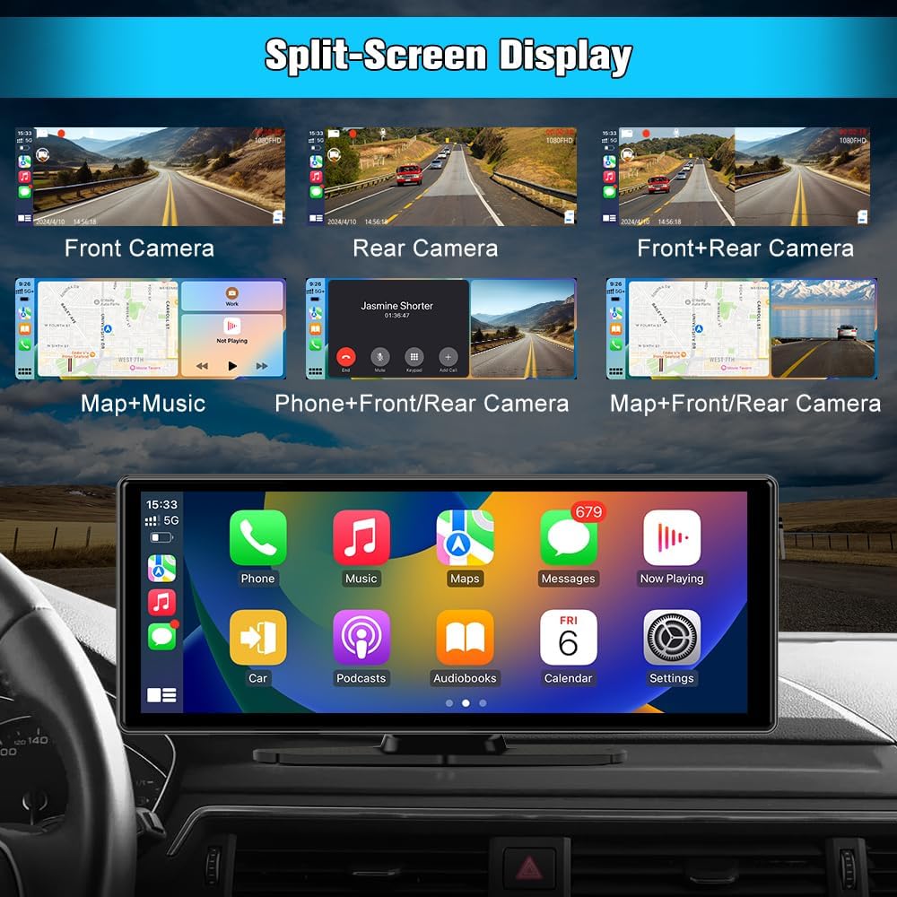 10.26" Carplay Screen for Car Portable, Carplay & Android Auto Car Stereo, Touchscreen GPS Navigation 4K Dash Cam/1080P Backup Camera/Mirror Link/Bluetooth/Voice Control