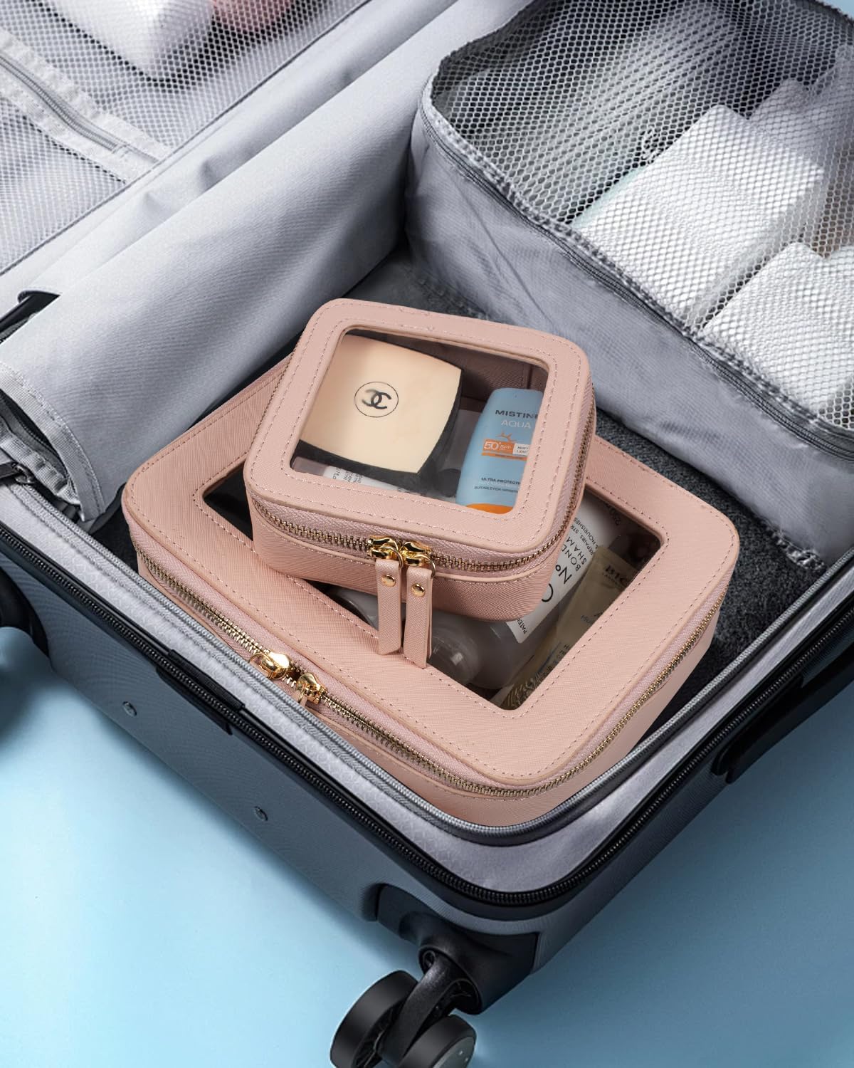 LETGO Clear Makeup Bag Mahjong Tile Bag with Zipper and Handle| Structured Large Travel Makeup Bag for Toiletries for Women,Travel Cosmetic Case,Waterproof PU Leather,Wide Opening