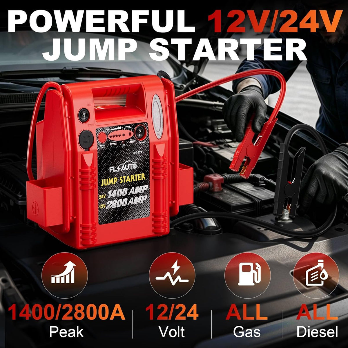 2800A/1400A Heavy Duty 12V/24V Car Jump Starter & Battery Booster – Jumper Pack, Lead-Acid Emergency Power for Cars, Trucks, SUVs, Boats, RVs | FlyAuto
