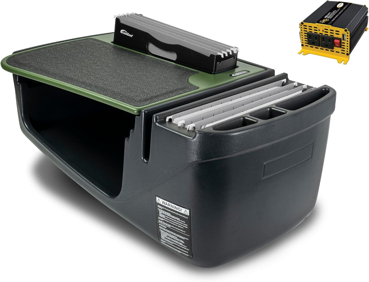 AutoExec Efficiency FileMaster Car Desk for Your Vehicle Workstation and Mobile Office, Army Green with 400 watt Power Inverter