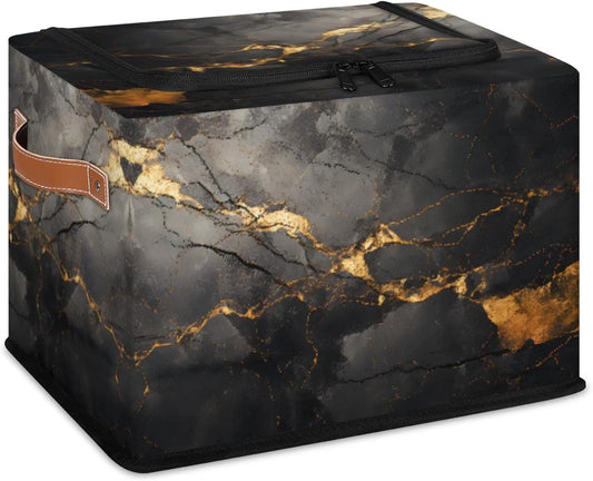 Black Gold Marble Storage Bins With Zipper Lid, Collapsible Trunk Organizer, Car Organizers and Storage Bins with Lids, Decorative Storage Boxes with Handle, Home Storage Baskets For Organizing