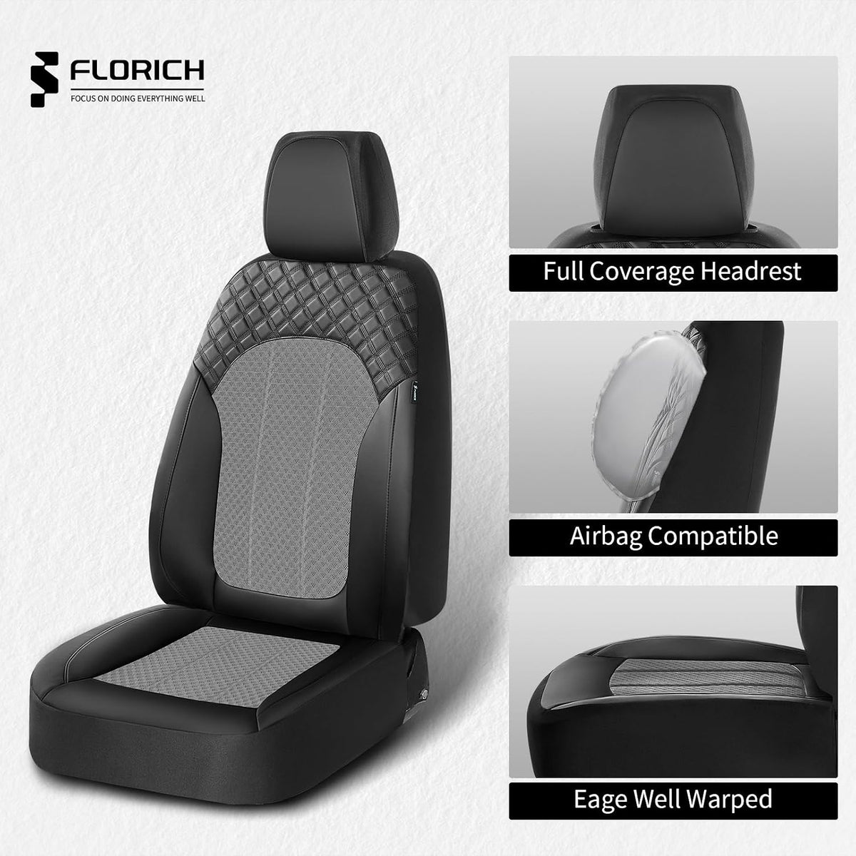 FLORICH Automotive Seat Covers 2 Seats Breathable Front Car Seat Cover Leather Air Mesh Car Seat Protector Cushion Airbag-Compatible Universal Fit for Most Car SUV Sedan Truck, Gray&Black