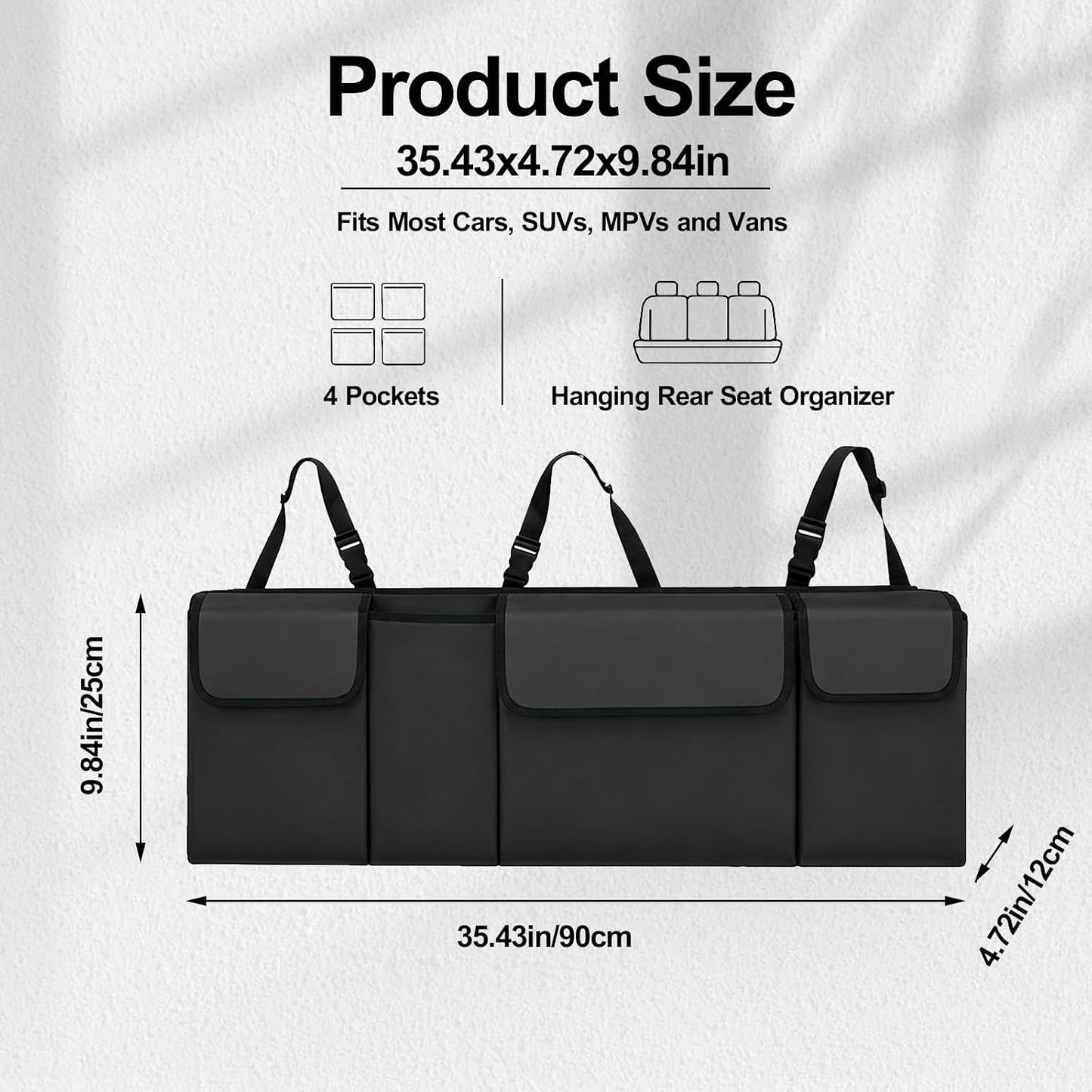 Car Trunk Organizer, Waterproof Backseat Hanging Large Storage with Adjustable Straps, Collapsible Cargo Bag with 4 Pockets, Sturdy Space Saver Frees Trunk Floor for SUV, Truck, MPV (Black)