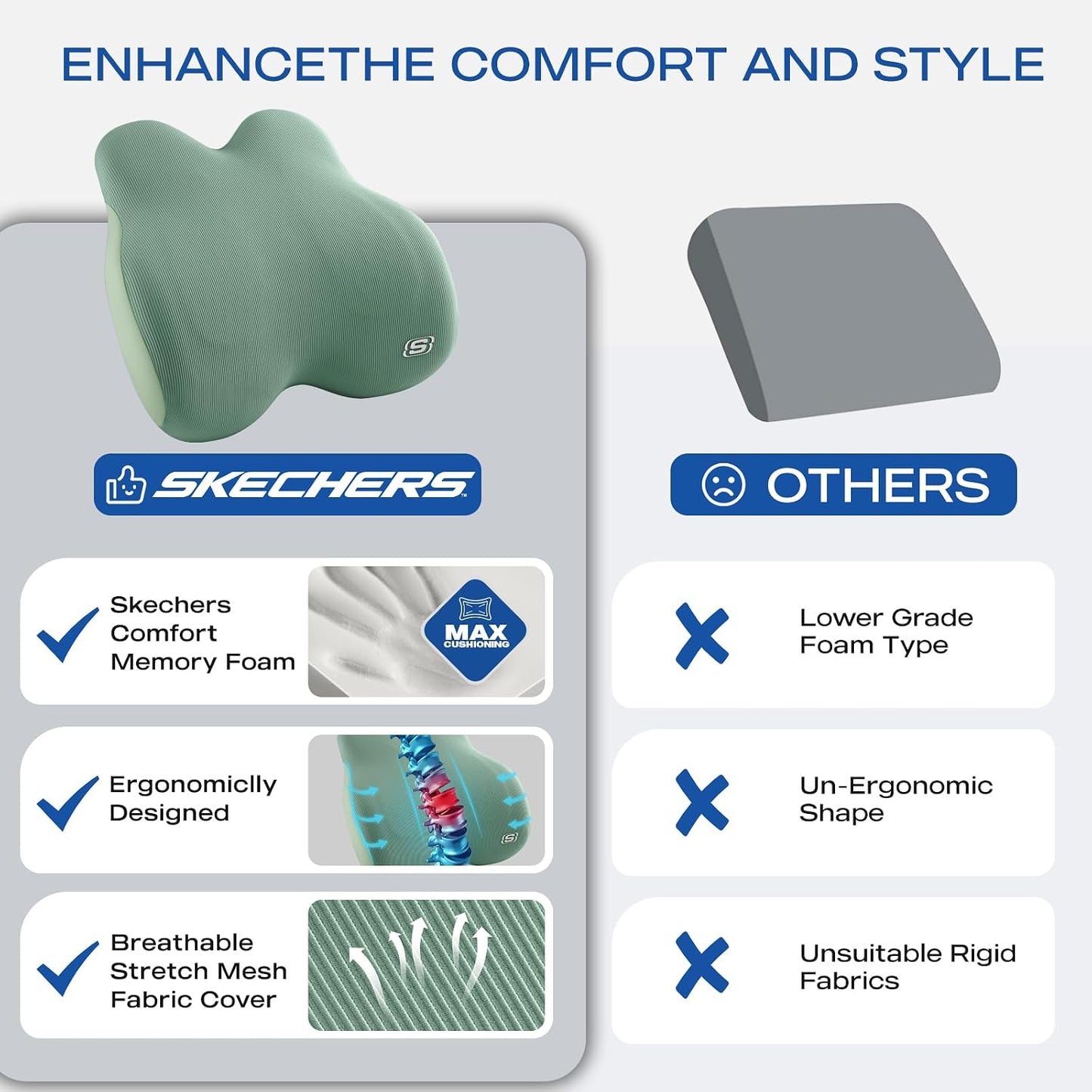 Skechers Women’s Lumbar Pillow, Memory Foam Lumbar Support Pillow for Office,Chair Lower Back Pain Relief Lumbar Pillow,Ergonomic Design Back Support Pillow for Office Chair,Car,Home,Travel,Green