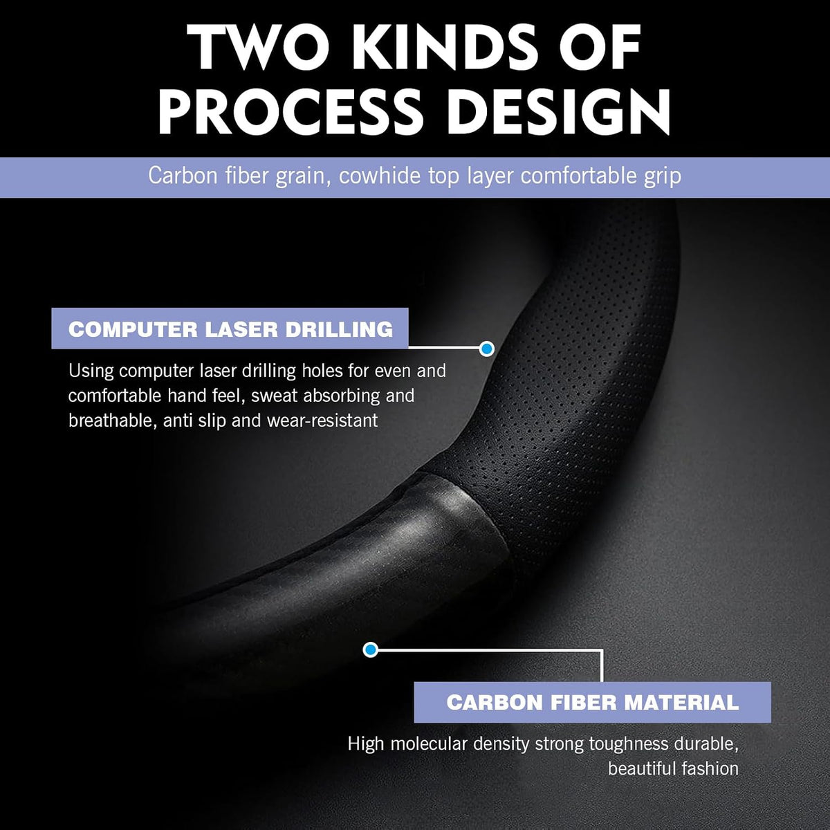 D-Shaped Steering Wheel Cover – Carbon Fiber Pattern, Anti-Slip, Wear-Resistant, Sweat-sbsorbent Microfiber Leather Protector, Four Seasons Universal Fit (Black)
