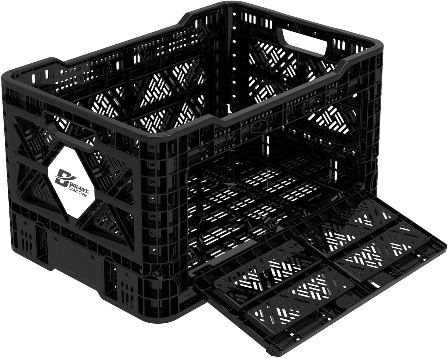 Bigant Heavy Duty Collapsible & Stackable Plastic Milk Crate-Medium Size, Black, Stackable Open Front Organizer, Set of 1, Snap Lock Foldable Industrial Garage Storage Bin Container Utility Basket