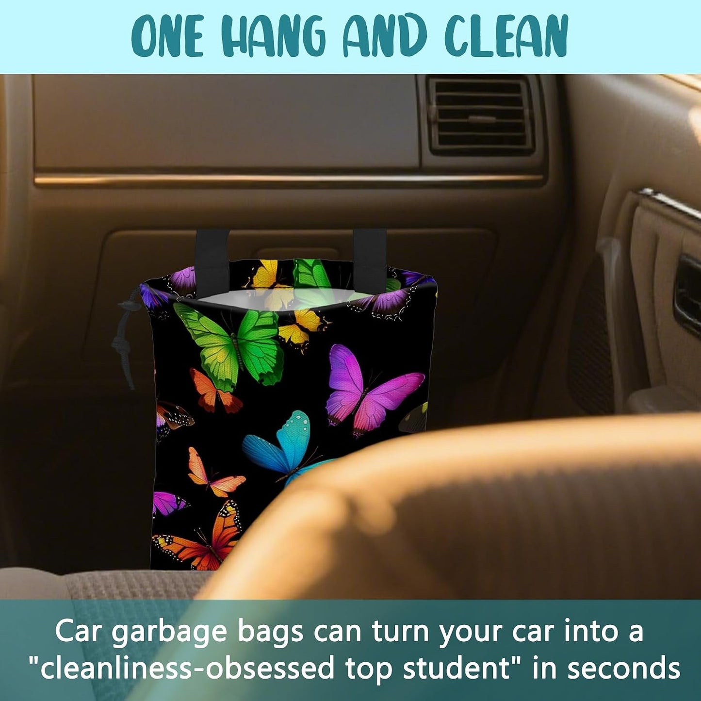 Car Garbage Bag Colorful Butterflies Drawstring Car Trash Bag Hanging for Back Seat with Adjustable Buckle Canvas Vehicle Trash Can Easy-to-Install