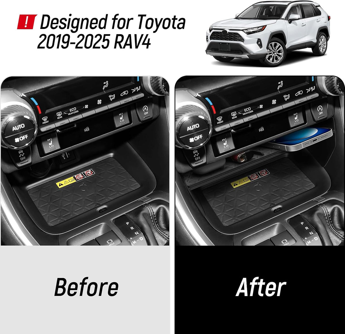 3PCS Center Console Organizer Compatible with Toyota 2019-2025 RAV4 Hybrid, Prime (PHEV) Accessories ABS Plastic & Silicone Material Center Console Liner Tray