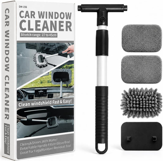 Windshield Cleaner Tool, Extendable Car Windshield Cleaning Tool with 180° Rotating Head, Interior Windshield Cleaner for Cars and Windows, 3 Washable Microfiber Covers