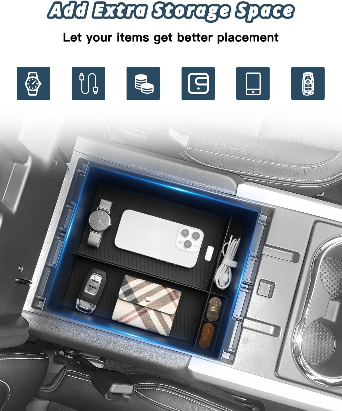 Ruiya 2016-2024 Titan Center Console Organizer for Nissan Titan Accessories ABS Material Armrest Console Organizer Compatible with 2016-2021 2022 2023 2024 Nissan Titan S/SV/Pro-4X/Platinum Reserve
