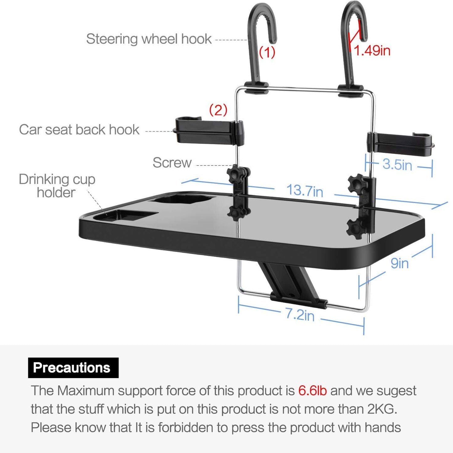 Foldable Car Seat Back Portable Tray for Food Dining Drink and Laptop, Hanging Car Steering Wheel Tray (Black)