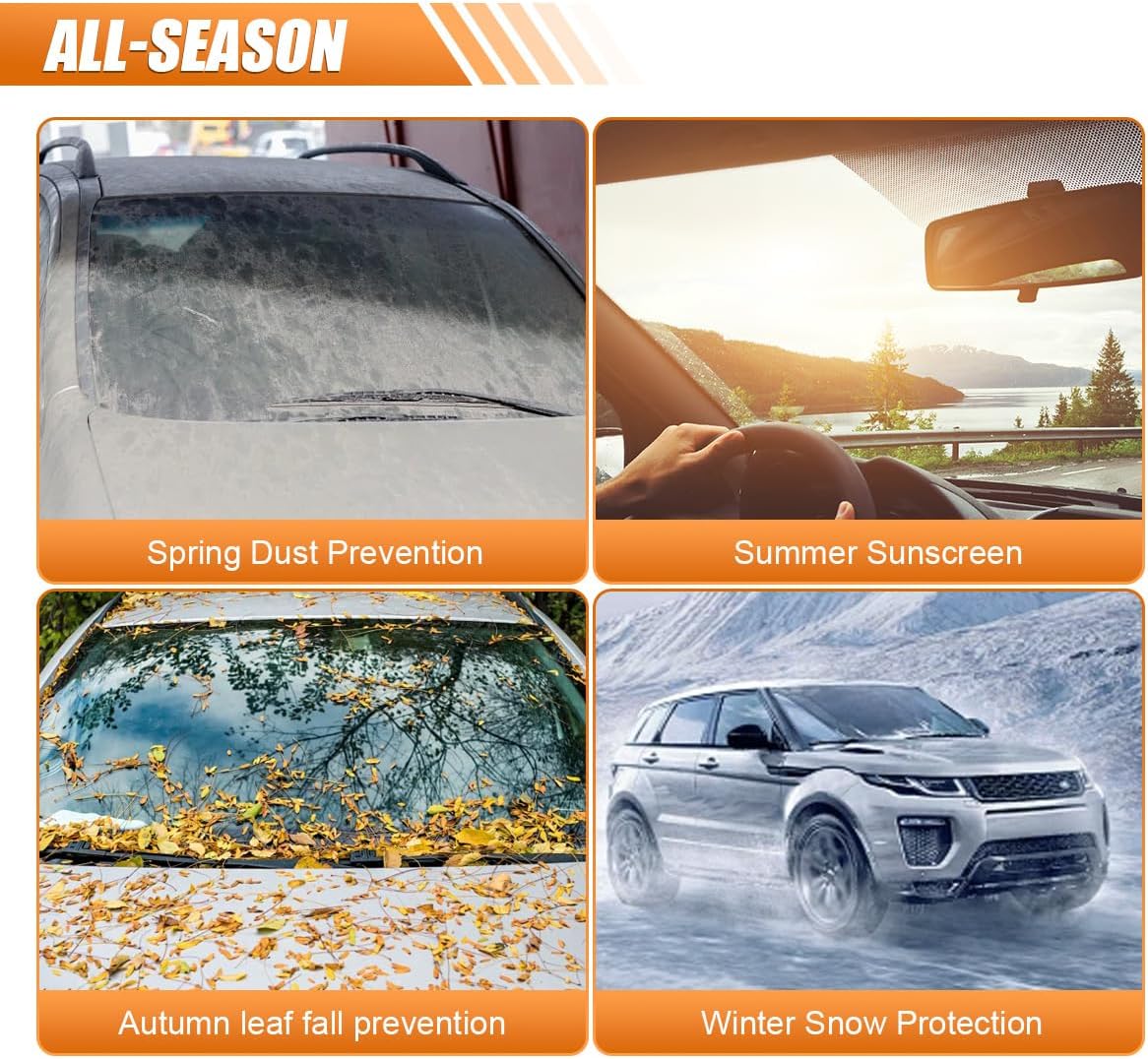 Magnetic Car Windshield Snow Cover, Windproof Car Sunshade with Elastic Strap & Hook, Automotive Windscreen Frost Cover, Winter Vehicle Side Window&Mirror Protector Accessories (Orange Eage)