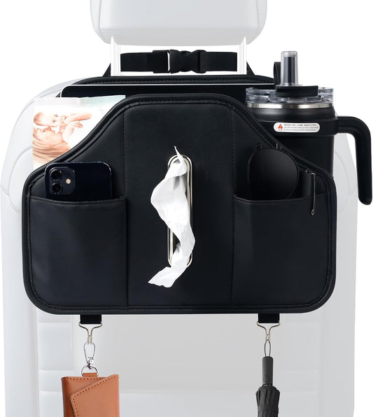 Upgraded Car Tissue Holder,Car Seat Back Organizer With Cup Holder,Premium PU Leather Headrest Seat Back Storage Fits For Kleenex Tissue Box (50-230ct)