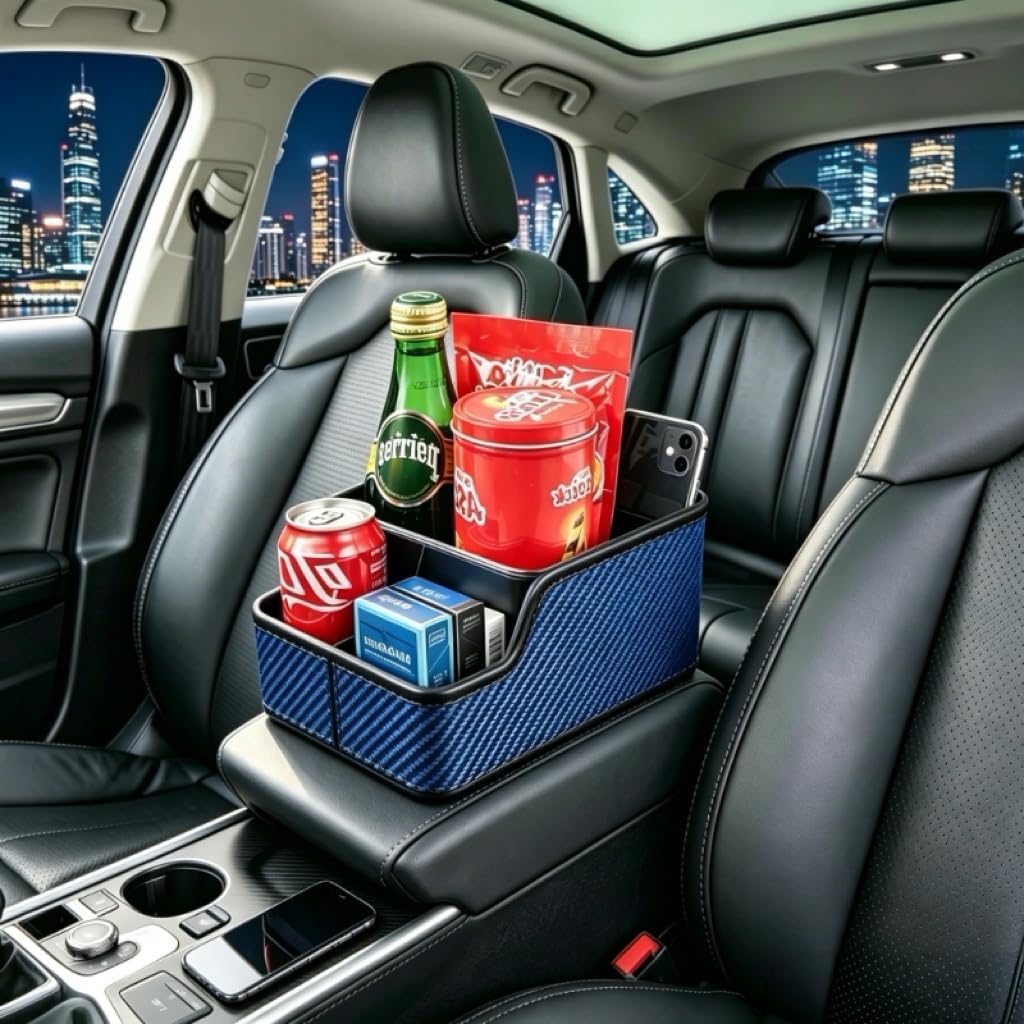 Car Front Seat Organizer with Compartment,Center Console Armrest Storage Box,Car Seat Cup Holder Tray,Back Seat Small Caddy,Car Organizer and Storage with Non-Slip Pat,fit for Truck,SUV,Van (Blue)