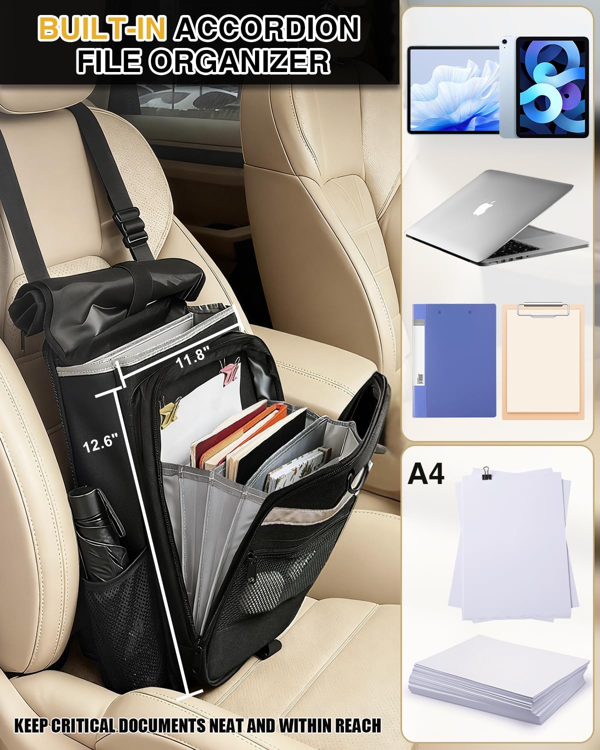Car Front Seat Organizer with Accordion File Pocket | Laptop Sleeve (Up to 15.6 In) | Privacy Flap | Cup Holders | Adjustable Straps | Holds Tablets, Files, Supplies | for Work on the GO