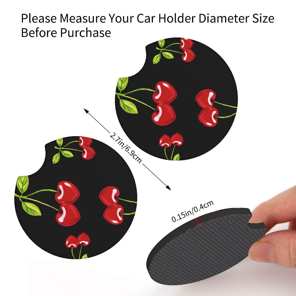 Red Cherry Hearts Car Trash Can 1 Hanging Trash Bag+2 Car Cup Coasters Set