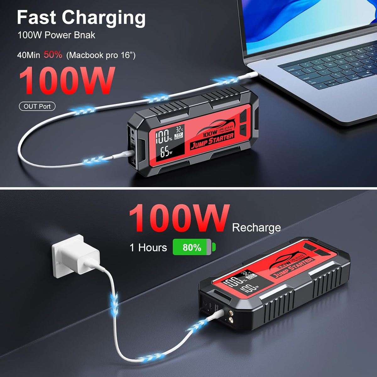 16000A Battery Jumper Starter Portable, PD 100W Output Power Bank, 12V Car Starter Jump Box & Battery Booster for All Gas & Up to All Diesel Engines